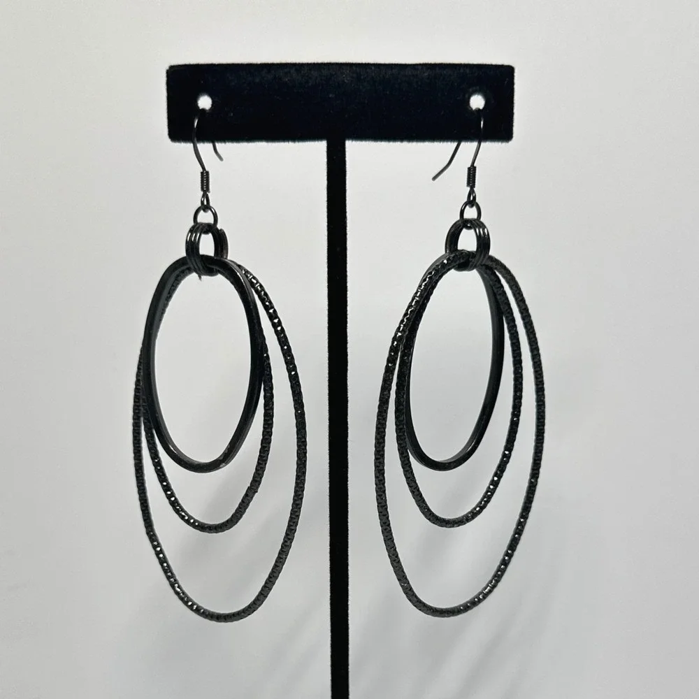 Black Triple Hoop Dangle Earrings Layered Gunmetal Boho Statement‎